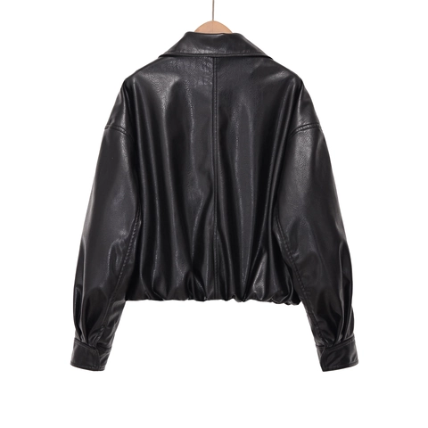 Women Faux Leather Jacket Stand Collar PU Aviator Bomber Coat Loose Long Sleeve Casual Moto Streetwear Solid Color