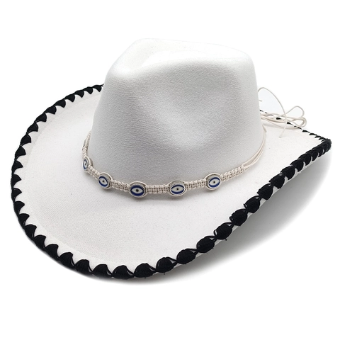 Western Cowboy Hat Wide Brim Cotton Polyester Ethnic Evil Eye Braided Band Bohemian Sunshade Performance Travel For Women