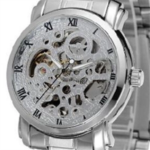 Men Automatic Mechanical Watch Skeleton Hollow Design Roman Numerals Stainless Steel Strap Waterproof Luxury Business Wristwatch