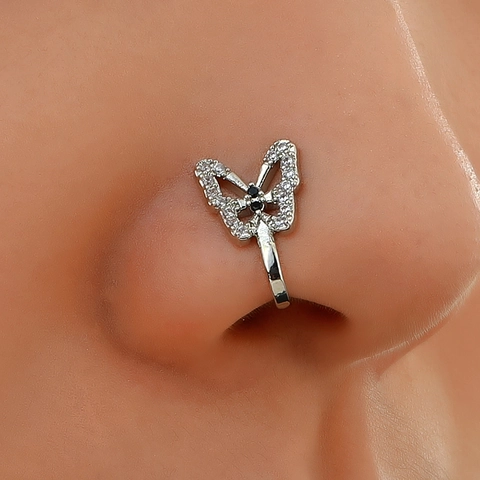 Butterfly Fake Nose Ring Copper Rhinestone Non Piercing U Shaped Clip On Nose Stud Jewelry For Women