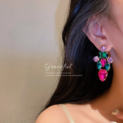 Geometric Multi Color Rhinestone Drop Earrings With Silver Earring Post Vintage Statement Jewelry For Women