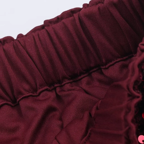 Completo Pantaloni Da Donna Con Paillettes Top Senza Maniche Con Orlo In Pelliccia Sintetica Borgogna Velluto Party