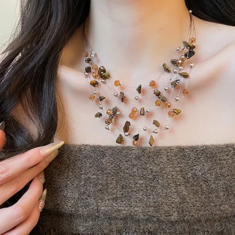 Set Gioielli Vintage Collana Multistrato Orecchini Pietra Occhio Di Tigre Cristallo Con Perno In Argento Sterling 925