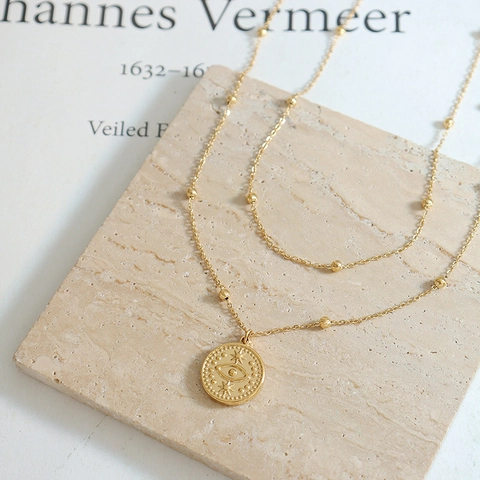Collana A Strati Con Pendente A Moneta Malocchio Catena Satellitare Con Perline Gioielli In Acciaio Al Titanio Da Donna