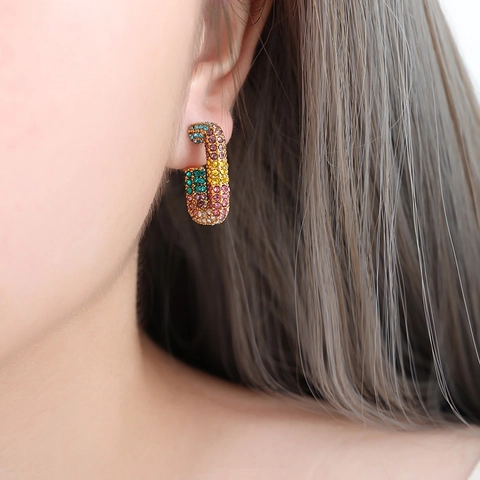 J-Shaped Hoop Earrings 18K Gold Plated Stainless Steel Colorful Rhinestone Geometric Retro Luxury Jewelry For Women