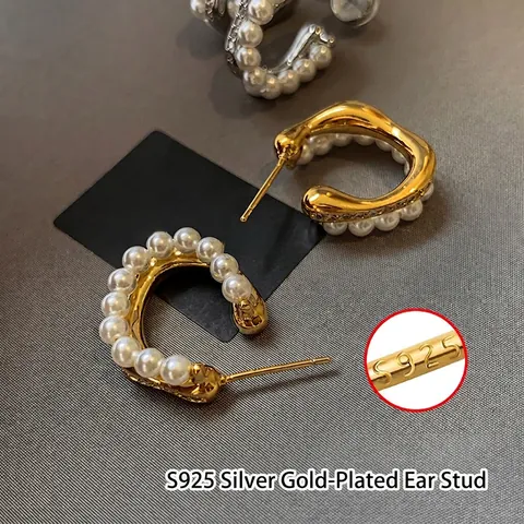 Eleganti Orecchini A Cerchio A Forma Di C Con Künstliche Perle Sintetiche E Strass Perno In Argento 925 Sterling Per Donna