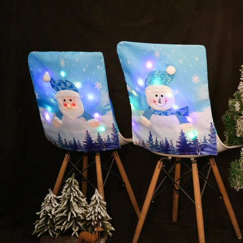 Leuchtende Weihnachts Stuhlhussen Stoff LED Lichter Weihnachtsmann Schneemann Muster Für Esszimmer Dekoration