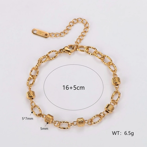 Pulsera De Cadena De Bolas Cilíndricas Grabada De Acero Inoxidable Joyería Mujer Ajustable Minimalista Elegante Oro