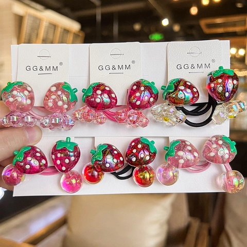 Kids Strawberry Flower Hair Ties Cute Acrylic Resin High Elastic Beaded Ponytail Holder For Girls Toddler Cartoon Accessories