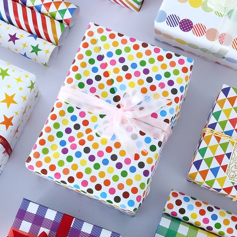 Geometric Rainbow Gift Wrapping Paper Colorful Dots Stars Stripes Triangle For Birthday Valentines Day Party Packaging