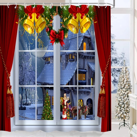 Rideau De Douche De Noël Imperméable Polyester Impression 3D Décor De Salle De Bain Festif Avec Crochets Motifs Père Noël Renne Sapin