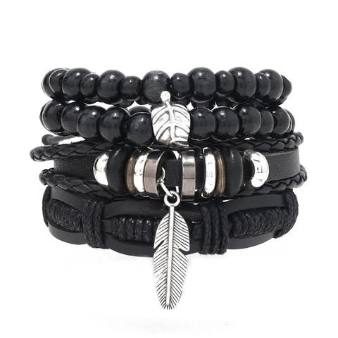 Set di Bracciali in Pelle Multistrato da Uomo Retro Piuma Foglia Pendente Perline di Legno Regolabile Intrecciato Stile Punk Gioielli