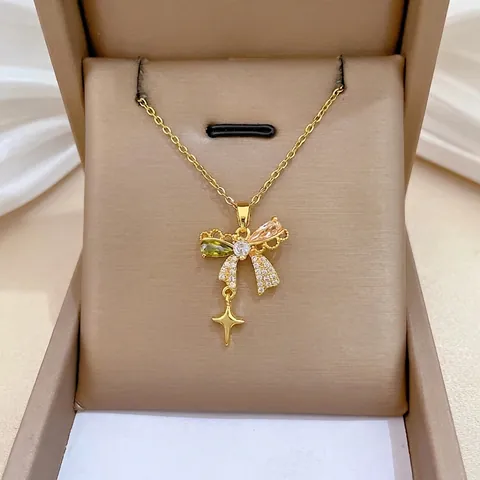 Bowknot Star Pendant Necklace Titanium Steel Chain Multi Color Zircon Copper Inlay Elegant Jewelry For Women