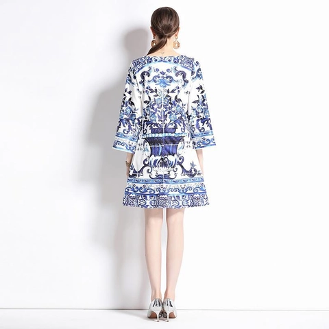 Vestito Elegante Da Donna Con Stampa Porcellana Blu E Bianca Girocollo Maniche A Campana Linea A Poliestere Retro
