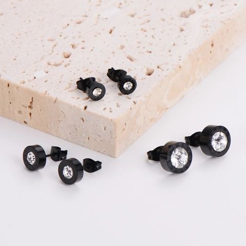 Pendientes De Botón Redondos Acero Inoxidable Zircón Incrustado Números Romanos Negro Galvanizado Vintage Gótico Punk Joyería