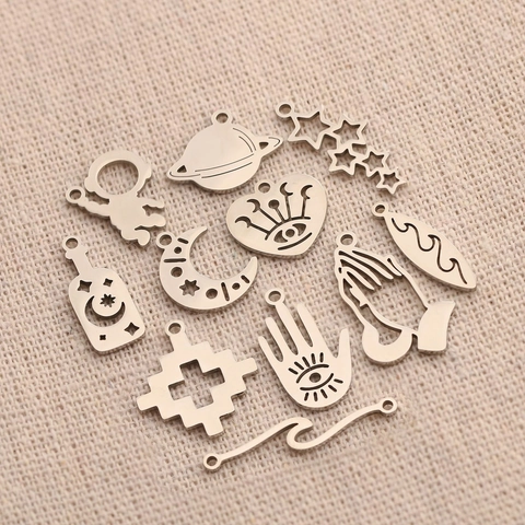 Edelstahl Anhänger Charms Für DIY Schmuckherstellung Himmelskörper Mond Stern Planet Hamsa Hand Kreuz Spiegelpoliert