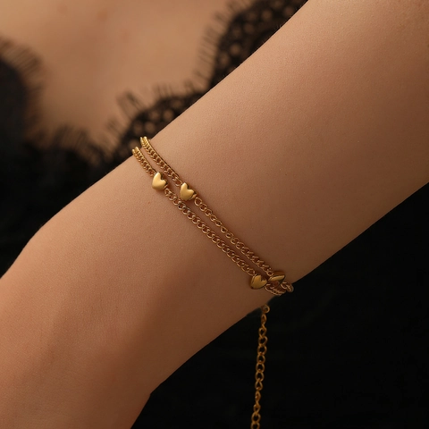 Double Layer Stainless Steel Heart Charm Bracelet For Women Adjustable Elegant Minimalist Jewelry Fashion Gift
