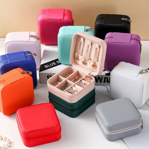 Portable PU Leather Travel Jewelry Box Organizer For Rings Earrings Necklaces Small Storage Case With Zipper For Women