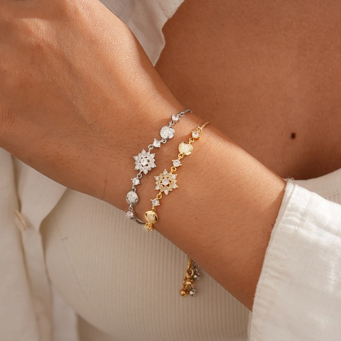 Snowflake Flower Bolo Bracelet Copper With Cubic Zirconia Adjustable Slider Elegant Vintage Jewelry For Women