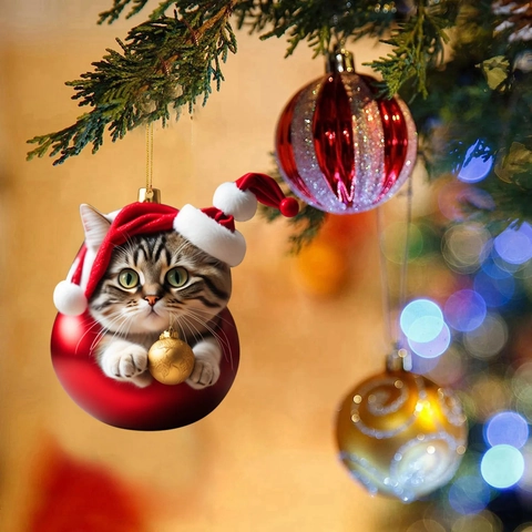 Christmas Tree Ornaments Acrylic Fat Cat Holding Bauble Santa Hat Holiday Hanging Decoration Funny Animal 2D