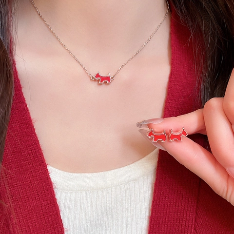 Collier Et Boucles D'oreilles Chien Scottie Émail Rouge Alliage Avec Tige En Argent Plaqué Or Bijoux Animaux Pour Femmes
