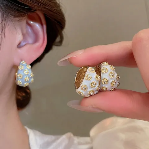Orecchini A Cerchio In Smalto Floreale Vintage Francese Lega Strass Design A Fiori Con Silver Earring Post Gioielli Donna