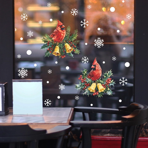 Adesivi Finestra Natale PVC Statico Uccello Cardinale Campana Fiocco Neve Decalcomanie Superficie Vetro Decorazione Casa