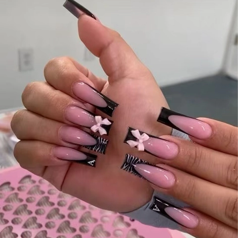 Μακριά Ψεύτικα Νύχια Coffin Press On Ροζ Μαύρο French Tip Zebra Print 3D Φιόγκος Διακοσμητικά Τεχνητά Νύχια Γυναικεία