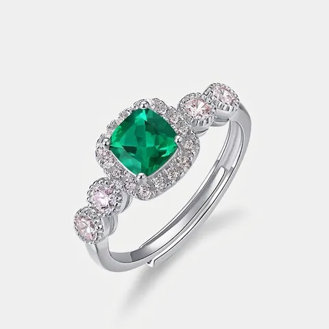 Lab-Grown Emerald Ring 925 Sterling Silver Adjustable Vintage Square Green Gemstone Halo Finger Jewelry For Women