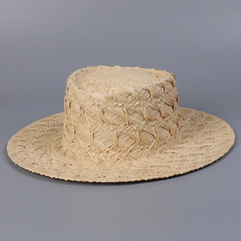 Flat Top Boater Hat Natural Raffia Straw Wide Brim Sun Protection Foldable Summer Beach Travel For Women Men