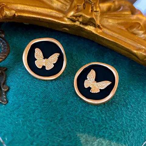 French Vintage Butterfly Stud Earrings With 925 Sterling Silver Earring Post Alloy Black Enamel Round Elegant For Women