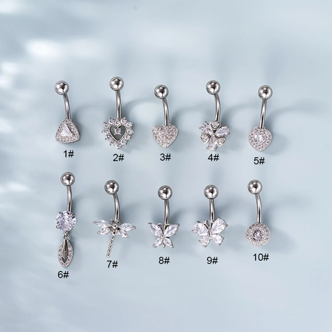 Butterfly Heart Belly Button Rings Stainless Steel Copper Zircon Inlaid Sparkling Piercing Jewelry For Women