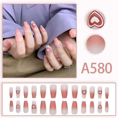 Matte Coffin Press On Nails Pink Ombre Gradient Heart Pattern Elegant Sweet Artificial False Finger Nails For Women With Glue