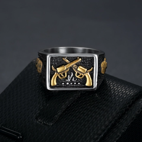 Anello Da Uomo In Acciaio Inossidabile Vintage Punk Revolver Incrociati Teschio Gioielli Gothic Biker