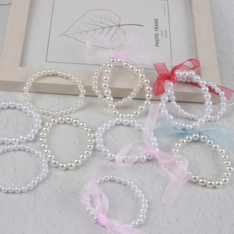 Elegant Plastic Imitation Artificial Pearl Beaded Bracelet With Ribbon Bow Decoration For Sweet Girls Kids Jewelry Accessory