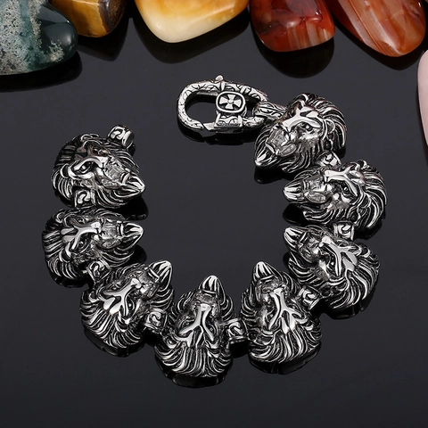 Pulsera De Eslabones Con Cabeza De León Vintage Para Hombre De Acero Inoxidable 316L Joyería Punk Grabada Accesorio Biker