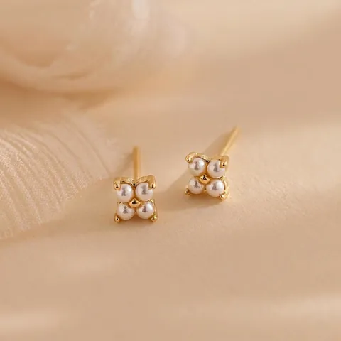 Stainless Steel Artificial Pearl Flower Stud Earrings Elegant Minimalist Four Petal Floral Ear Jewelry For Women Gold Silver