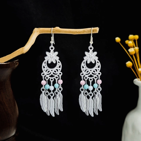 Pendientes De Borla Étnicos Bohemios Aleación Zinc Cuentas Coloridas Plumas Colgantes Joyas Retro Con Poste De Oreja