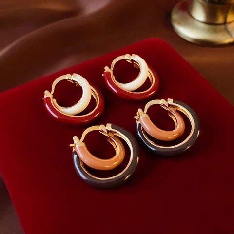 Orecchini A Cerchio Doppi Vintage Lega Smalto Colori A Contrasto Con Perno In Argento Per Donna Elegante