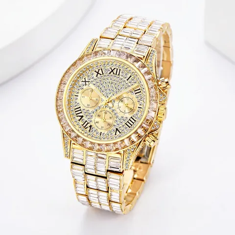 Luxury Men Quartz Watch Gold Plated Iced Out Full Rhinestone Three Eye Chronograph Waterproof Fashion Wristwatch
