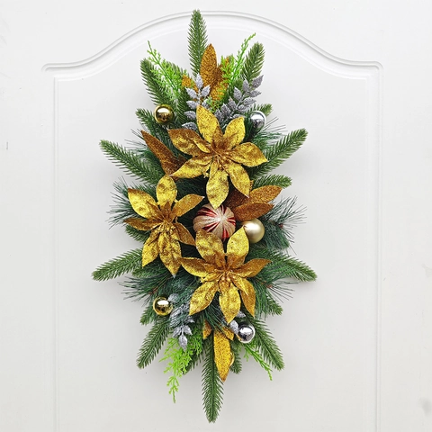 Kerst Slinger Swag PVC Dennennaalden Met Gouden Glitter Bloemen En Ballen Trap Deur Muur Decoratie Noordse Stijl Ornament