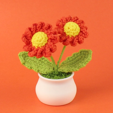 Handmade Crochet Daisy Potted Plant Dual Flower Artificial Yarn Daisy With Ceramic Pot For Home Office Desk Car Decor Gift