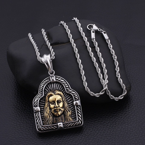 Jezus Hoofd Hanger Ketting Roestvrij Staal Tweekleurig Reliëf Hiphop Mode Sieraden Voor Mannen Gotische Stijl