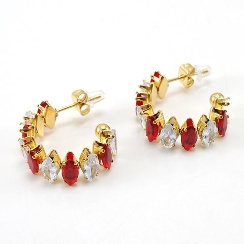 Boucles D'oreilles Créoles En C Avec Zircon Coupe Marquise Et Carrée Acier Inoxydable Plaqué Or 18K Bijoux Géométriques Étincelants