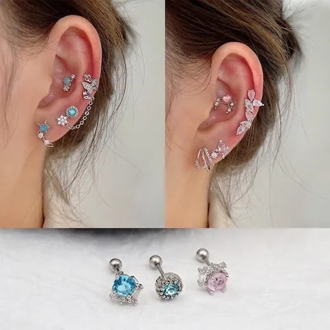 Stainless Steel Zircon Cartilage Stud Earrings Butterfly Heart Star Moon Flower Cross Piercing Jewelry Screw Ball Back