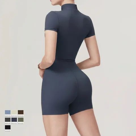 Combinaison De Yoga Courte Pour Femmes Col Montant Fermeture Éclair Amincissante Jumpsuit Sport Nylon Spandex Bodysuit Fitness