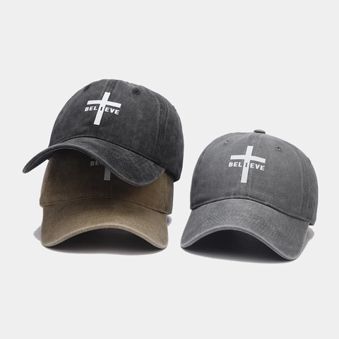 Berretto Da Baseball In Cotone Lavato Stampa Croce Believe Vintage Regolabile Cappello Da Sole Per Uomo Donna Sport All'aperto