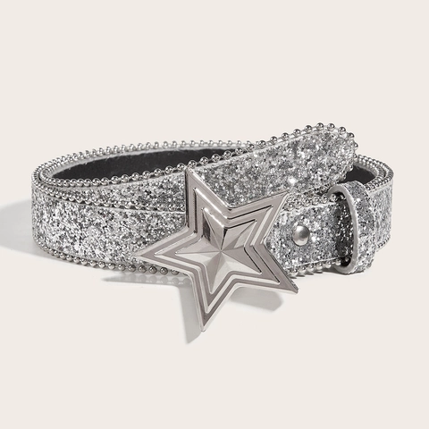 Women Sequined Belt With Alloy Star Snap Buckle Y2K Sparkling PU Leather Bead Edge Waistband For Jeans