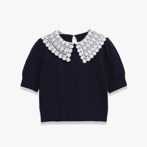 Top In Maglia A Maniche Corte Da Donna Con Colletto In Pizzo Bianco Blu Marino Manica A Sbuffo Elegante