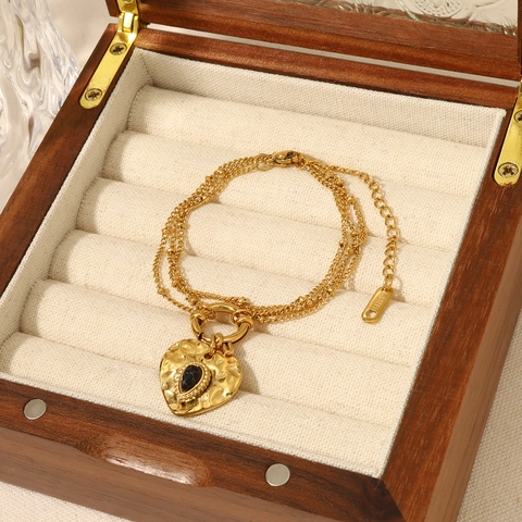 Franse Vintage Titanium Staal Hart Hanger Halsketting 18K Verguld Gehamerde Textuur Zwarte Turkoois Steen Choker Dames